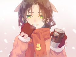 Rule 34 | 1girl, aerith gainsborough, bow, brown hair, can, final fantasy, final fantasy vii, green eyes, hair ribbon, highres, holding, holding can, lilith-lily, lips, looking at viewer, mittens, ribbon, scarf, sidelocks, simple background, smile, solo, teeth