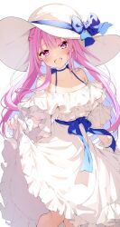 Rule 34 | 1girl, :d, absurdres, bare shoulders, blue hair, blush, bow, colored inner hair, darjeeling (reley), dress, frilled dress, frills, halterneck, hat, hat bow, highres, hololive, long hair, minato aqua, multicolored hair, off-shoulder dress, off shoulder, open mouth, pink eyes, pink hair, simple background, skirt hold, smile, solo, standing, sun hat, very long hair, virtual youtuber, white background, white dress, wrist cuffs