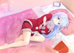 Rule 34 | 1girl, bare legs, barefoot, bed, blue eyes, blue hair, blush, christmas, clock, closed mouth, commentary request, curtains, from above, fur trim, gochuumon wa usagi desu ka?, hair between eyes, hair ornament, hairclip, hat, unworn hat, unworn headwear, indoors, kafuu chino, light blue hair, long hair, looking at viewer, lying, miki yuu, hugging object, on bed, on side, pillow, red shirt, red shorts, santa costume, santa hat, shirt, shorts, sidelocks, smile, solo, stuffed animal, stuffed rabbit, stuffed toy, x hair ornament
