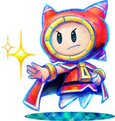 Rule 34 | 1boy, artist request, black eyes, blue outline, cape, closed mouth, frown, full body, gold bracelet, hand on own hip, highres, looking ahead, male focus, mario &amp; luigi: dream team, mario &amp; luigi rpg, mario (series), midair, nintendo, official art, outline, outstretched arm, pants, pillow, prince dreambert, red cape, red hood, red tunic, solid oval eyes, solo, sparkle, tile floor, tiles, transparent background, v-shaped eyebrows, white pants, zipper pull tab