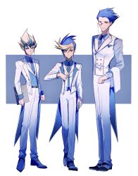 Rule 34 | 3boys, absurdres, alternate costume, antinomy, bad id, bad lofter id, belt, black belt, blonde hair, blue background, blue eyes, blue hair, blue necktie, blue shirt, blue theme, blue vest, butler, clenched hands, clipboard, coat, collared shirt, dress shirt, dress shoes, expressionless, formal, full body, hand up, highres, holding, holding clipboard, holding towel, in-franchise crossover, jacket, light smile, long sleeves, looking at viewer, male focus, multicolored hair, multiple boys, naoki (2rzmcaizerails6), necktie, open clothes, open jacket, pants, shirt, short hair, simple background, sleeve cuffs, spiked hair, standing, tailcoat, tenjou kaito, towel, two-sided coat, two-sided fabric, two-sided tailcoat, vest, walking, white coat, white pants, white towel, white vest, yu-gi-oh!, yu-gi-oh! 5d&#039;s, yu-gi-oh! arc-v, yu-gi-oh! zexal, yuugo (yu-gi-oh!)