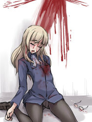 Rule 34 | 1girl, black pantyhose, blood, breasts, broken eyewear, btw mikami, closed eyes, corpse, death, unworn eyewear, female focus, glasses, headshot, military, military uniform, open mouth, pantyhose, perrine h. clostermann, shot, small breasts, solo, strike witches, uniform, world witches series