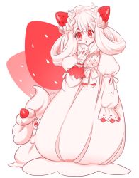 Rule 34 | 1girl, alcremie, alcremie (strawberry sweet), alcremie (vanilla cream), artist name, braid, braided bun, creatures (company), dress, food, food-themed hair ornament, fruit, game freak, gen 8 pokemon, gloves, hair bun, hair ornament, hair rings, hand up, highres, long sleeves, looking at viewer, nintendo, personification, pokemon, pokemon (creature), puffy sleeves, red eyes, sbr (songje096), simple background, sleeves past fingers, sleeves past wrists, solo, standing, strawberry, strawberry hair ornament, white background, white dress, white gloves, white hair