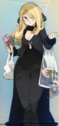 Rule 34 | 1girl, bag, black coat, black legwear, black shirt, blonde hair, breasts, cleavage, coat, creatures (company), cynthia (pokemon), food, full mouth, game freak, groceries, grocery bag, highres, ice cream, idkuroi, nail polish, nintendo, one eye covered, pokemon, pokemon (anime), pokemon dppt (anime), pokemon sm, pokemon sm (anime), shirt, shopping bag, sweat