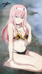 Rule 34 | 1girl, absurdres, bare shoulders, bikini, breasts, closed mouth, darling in the franxx, fog, green eyes, highres, horns, indexryo, large breasts, long hair, pink hair, smile, swimsuit, tagme, zero two (darling in the franxx)