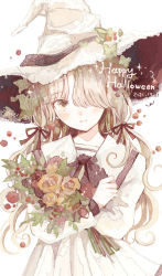 Rule 34 | 1girl, 2021, artist name, brown eyes, brown ribbon, collared dress, commentary, crossed arms, dress, english commentary, english text, flower, gradient eyes, hair over one eye, hair ribbon, halloween, happy halloween, hat, hau (hausan97), highres, holding, holding flower, leaf, light blush, light brown hair, light smile, long bangs, long hair, long sleeves, multicolored eyes, muted color, original, ribbon, self hug, short twintails, solo, twintails, two-tone dress, white background, white dress, white hat, witch, witch hat, yellow flower