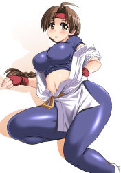 Rule 34 | 1girl, alternate breast size, ass, blush, breasts, brown eyes, brown hair, large breasts, looking at viewer, open clothes, parted lips, ryuuko no ken, snk, solo, spandex, sports bra, the king of fighters, tonpuu, yuri sakazaki