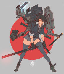 Rule 34 | 1girl, absurdres, angry, black gloves, black hair, closed mouth, covered erect nipples, eyepatch, gloves, glowing, glowing eyes, grey skirt, grey thighhighs, headgear, highres, holding, holding sword, holding weapon, kantai collection, leaning forward, mecha musume, necktie, obokhan, personification, scabbard, scar, sheath, short hair, skirt, sleeves rolled up, solo, sword, tenryuu (kancolle), thighhighs, weapon, yellow eyes