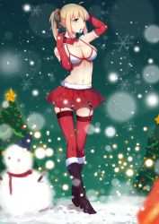 Rule 34 | 1girl, ahoge, alternate breast size, alternate costume, artoria pendragon (all), artoria pendragon (fate), bell, bikini, bikini top only, blonde hair, blue eyes, blurry, bokeh, breasts, christmas, christmas tree, cleavage, command spell, depth of field, elbow gloves, fate/stay night, fate (series), garter straps, gloves, green-framed eyewear, groin, hair bell, hair ornament, hair tie in mouth, highres, large breasts, midriff, mouth hold, navel, ponytail, red skirt, saber (fate), santa costume, skirt, snow, snowflakes, snowman, solo, star (symbol), swimsuit, thighhighs, white bikini, wujia xiaozi