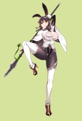 Rule 34 | 1girl, absurdres, adapted costume, animal ears, arm up, armpits, black gloves, black hair, blush, breasts, bun cover, capelet, cleavage, commentary, crotch, double bun, elbow gloves, fake animal ears, fate/grand order, fate (series), full body, gloves, gluteal fold, green background, green eyes, hair bun, hiememiko, high heels, highres, large breasts, leg lift, legs, leotard, looking at viewer, naginata, playboy bunny, polearm, qin liangyu (fate), rabbit ears, shiny skin, short hair, simple background, smile, solo, spear, spread legs, standing, standing on one leg, thighhighs, thighs, weapon, white thighhighs