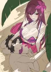 Rule 34 | 1boy, 1girl, absurdres, bare shoulders, bikini, bracelet, breasts, cleavage, commentary request, earrings, closed eyes, fate/grand order, fate (series), fern, flower, from above, fujimaru ritsuka (male), grin, hair flower, hair intakes, hair ornament, hibiscus, highres, jewelry, lap pillow, large breasts, bridal garter, long hair, looking at viewer, lying, mogi yasunobu, navel, on lap, on side, pink bikini, pink sarong, purple hair, red eyes, sarong, scathach (fate), scathach (fate), scathach (fate/grand order), scathach (swimsuit assassin) (fate), short hair, sleeping, sleeping on person, smile, swimsuit
