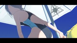 Rule 34 | 1girl, absurdres, back cutout, beach umbrella, blue archive, blue sky, bonsai 403, clothing cutout, competition swimsuit, day, from behind, grey hair, highres, letterboxed, one-piece swimsuit, ponytail, shiroko (blue archive), shiroko (swimsuit) (blue archive), sky, solo, swimsuit, umbrella, upper body
