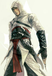 Rule 34 | 1boy, altair ibn la-ahad, assassin&#039;s creed, assassin&#039;s creed (series), brown hair, cape, clothes, gloves, green eyes, grin, concealed weapon, hidden blade (assassin&#039;s creed), hood, knife, male focus, manly, pants, rae, smile, solo, sword, vambraces, weapon