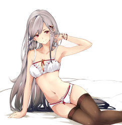 Rule 34 | 1girl, arm support, armpits, azur lane, bed sheet, black thighhighs, blue butterfly, bra, breasts, bug, butterfly, butterfly hair ornament, collarbone, dunkerque (azur lane), full body, grey hair, hair ornament, insect, long hair, looking at viewer, medium breasts, midriff, navel, panties, pink eyes, rizzl, serious, sidelocks, sitting, smile, solo, swept bangs, thighhighs, thighs, underwear, underwear only, very long hair, white bra, white panties, yokozuwari
