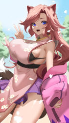 Rule 34 | 1girl, absurdres, animal ear fluff, animal ears, black bra, black ribbon, blue sky, bra, breasts, character request, commission, copyright request, dress, falling petals, floral print, highres, jacket, k (art71), large breasts, long hair, off shoulder, open clothes, open jacket, open mouth, petals, pink dress, pink hair, pink jacket, pleated skirt, purple eyes, purple skirt, ribbon, shiny skin, skeb commission, skirt, sky, sleeveless, sleeveless dress, solo, tail, underwear, v