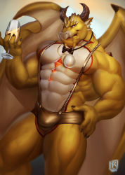 Rule 34 | 1boy, abs, absurdres, bara, bow, bowtie, boxer briefs, bulge, cup, dragon boy, dragon horns, dragon wings, drinking glass, feet out of frame, furry, furry male, highres, holding, holding cup, horns, large pectorals, looking at viewer, male focus, male underwear, monster boy, muscular, muscular male, no nipples, ophion (housamo), pectorals, scales, solo, stomach, suspenders, thick thighs, thighs, tigre (raytig12), tokyo houkago summoners, underwear, underwear only, wine glass, wings, yellow male underwear