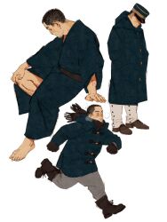 Rule 34 | 1boy, black eyes, black hair, blue coat, blue kimono, boots, breath, brown gloves, brown scarf, chengongzi123, closed mouth, coat, facial hair, full body, gloves, goatee, golden kamuy, grey footwear, grey pants, hands in pockets, hands up, hat, hat over eyes, highres, hood, hooded coat, invisible chair, japanese clothes, kimono, long sleeves, looking down, looking to the side, male focus, military hat, multiple views, pants, parted lips, running, scarf, short hair, simple background, sitting, tsukishima hajime, very short hair, white background, wide sleeves