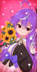 Rule 34 | 1girl, ahoge, black sleeves, blush, bow, closed mouth, commentary request, cowlick, crossed bangs, detached sleeves, flower, grey hair, hair between eyes, highres, hiyoku no crosspiece, holding, holding flower, long bangs, long hair, looking at viewer, multicolored hair, multicolored sleeves, nanashi inc., pink background, purple bow, purple hair, purple sleeves, red eyes, shirochimaki, shisui kiki, shisui kiki (1st costume), sidelocks, sleeve bow, sleeves past fingers, sleeves past wrists, smile, solo, streaked hair, sunflower, twitter username, two-tone hair, upper body, very long hair, virtual youtuber, white sleeves, yellow flower