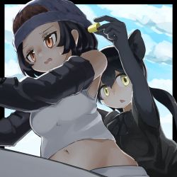 Rule 34 | 2girls, animal ears, bare shoulders, beanie, behind another, black hair, black leopard (kemono friends), border, bow, bowtie, brown eyes, camisole, cat girl, crop top, day, detached sleeves, earplugs, elbow gloves, from below, gloves, gorilla (kemono friends), hair between eyes, hat, highres, holding, iwa (iwafish), kemono friends, leopard ears, leopard girl, long hair, looking afar, looking at viewer, medium hair, midriff, multiple girls, navel, open mouth, outdoors, outstretched arm, pants, shirt, short sleeves, sidelocks, stomach, triangle mouth, yellow eyes