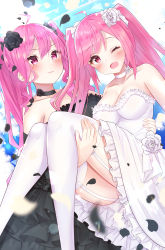 Rule 34 | 2girls, ;d, absurdres, ahoge, armpit crease, bare shoulders, black choker, black dress, black flower, blush, breasts, carrying, choker, cleavage, collarbone, commentary request, dress, dutch angle, falling petals, flower, frilled dress, frills, garter straps, grace (sound voltex), hair between eyes, hair flower, hair ornament, highres, lens flare, looking at viewer, matching hair/eyes, medium breasts, multiple girls, nari (narikashi), one eye closed, open mouth, petals, pink eyes, pink hair, princess carry, rasis, sidelocks, smile, sound voltex, sound voltex ii infinite infection, sound voltex iii gravity wars, thighhighs, twintails, white choker, white dress, white flower, white thighhighs, wink