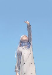Rule 34 | 1girl, blue background, blue sky, coat, cowboy shot, frieren, hand up, highres, long hair, nyafurbl, pointy ears, reaching, scarf, simple background, sky, solo, sousou no frieren, sparkle, white coat, white hair