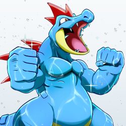 Rule 34 | artist request, clenched hands, creatures (company), crocodilian tail, feraligatr, from side, game freak, gen 2 pokemon, muscular, nintendo, no humans, open mouth, pectorals, pokemon, pokemon (creature), sharp teeth, simple background, solo, spikes, tail, teeth, water, white background, yellow eyes