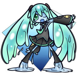Rule 34 | 1girl, blue eyes, concave, cosplay, female focus, hatsune miku (cosplay), monster girl, one eye closed, open mouth, simple background, skirt, slime girl, solo, twintails, vocaloid, white background, wink, yamaha