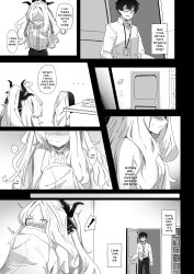 Rule 34 | !, 1boy, 1girl, absurdres, ahoge, blue archive, blush, book, book stack, bookshelf, commentary request, demon girl, demon horns, door handle, english text, forehead, glasses, greyscale, hair between eyes, hair ribbon, highres, hina (blue archive), horns, id card, indoors, lanyard, long hair, long sleeves, looking at another, monochrome, nauvvii, nervous sweating, official alternate costume, opening door, pants, paper stack, parted bangs, problem solver sensei (blue archive), ribbon, sensei (blue archive), shirt, sidelocks, sleeveless, sleeveless shirt, smelling, speech bubble, spoken exclamation mark, surprised, sweat, sweatdrop, table, wavy hair