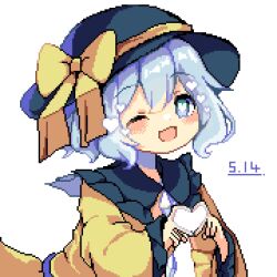 Rule 34 | 1girl, ;d, black hat, bow, commentary, dated, grey eyes, grey hair, hat, hat bow, heart, heart hands, highres, koishi day, komeiji koishi, long sleeves, looking at viewer, omochinegi, one eye closed, open mouth, pixel art, short hair, simple background, smile, solo, touhou, upper body, white background, yellow bow
