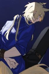 Rule 34 | 1boy, absurdres, animal ears, arknights, black pants, blonde hair, blue background, blue shirt, bound, bound wrists, collared shirt, feet out of frame, glaring, highres, horse boy, horse ears, horse tail, long hair, looking at viewer, male focus, mlynar (arknights), mlynar (w dali) (arknights), pants, shaded face, shirt, simple background, solo, tail, yakota (usuk-yako), yellow eyes