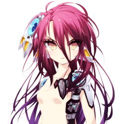 Rule 34 | 1girl, absurdres, ahoge, bad id, bad twitter id, breasts, collarbone, hair between eyes, hair ornament, highres, long hair, looking at viewer, misteor, no game no life, pink hair, shuvi (no game no life), simple background, small breasts, solo, upper body, v-shaped eyebrows, white background, yellow eyes