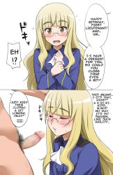 Rule 34 | 1girl, 2koma, blonde hair, blunt bangs, blush, brown eyes, censored, closed eyes, clothed female nude male, comic, deception, embarrassed, erection, eyes visible through hair, facing viewer, flying sweatdrops, glasses, hard-translated, imminent fellatio, long hair, looking at viewer, mosaic censoring, nude, open mouth, penis, perrine h. clostermann, pubic hair, sidelocks, simple background, small penis, speech bubble, strike witches, surprised, sweat, sweatdrop, third-party edit, translated, uniform, upper body, we&#039;ve been tricked, we&#039;ve been backstabbed, and we&#039;ve been, quite possibly, bamboozled, white background, world witches series, yellow eyes, youkan