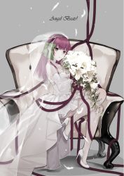 Rule 34 | 1girl, angel beats!, bad id, bad pixiv id, blush, bouquet, bow, breasts, chair, cleavage, copyright name, dress, feathers, flower, green eyes, grey pantyhose, hair bow, hairband, high heels, holding, holding bouquet, long hair, medium breasts, neko (ganecooo), pantyhose, parted lips, purple hair, simple background, sitting, solo, veil, wedding dress, white dress, white flower, white footwear, nakamura yuri