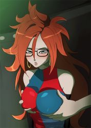 Rule 34 | 1boy, 1girl, android 21, animated, animated gif, bare shoulders, blue eyes, blush, grabbing another&#039;s breast, breasts, brown hair, checkered clothes, checkered dress, covered erect nipples, deareditor, dragon ball, dragon ball fighterz, dress, earrings, glasses, grabbing, grabbing from behind, groping, hair between eyes, hoop earrings, jewelry, long hair, looking at viewer, male hand, medium breasts, parted lips, solo focus, upper body