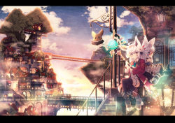 Rule 34 | 2girls, animal ears, back-to-back, blue sky, bridge, building, closed mouth, cloud, cloudy sky, coat, collared shirt, commentary request, day, fantasy, floating island, fox ears, fox girl, german commentary, glasses, gradient background, hair ribbon, highres, holding, holding staff, lamppost, letterboxed, long hair, long sleeves, looking at viewer, looking back, magic, misaki yuu, multiple girls, open clothes, open coat, original, outdoors, railing, red-framed eyewear, red coat, ribbon, scenery, shirt, sign, silver hair, sky, smile, staff, stairs, town, white shirt, wide shot, window, wing collar