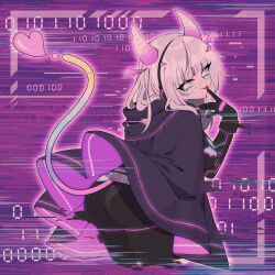 Rule 34 | 1990s (style), 1girl, :p, aqua eyes, ass, black bodysuit, blush, bob cut, bodysuit, breasts, camera, cape, commission, detached horns, gradient hair, gradient horns, hair intakes, headphones, highres, holographic horns, horns, indie virtual youtuber, kaname uroko, large breasts, licking lips, looking at viewer, medium breasts, medium hair, motherv3, multicolored eyes, multicolored hair, multicolored horns, neon trim, pink horns, purple cape, purple eyes, purple horns, retro artstyle, skeb commission, smile, solo, tail, taking picture, tongue, tongue out, touching tail, two-tone eyes, viewfinder, virtual youtuber
