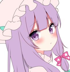 Rule 34 | 1girl, blush, bow, close-up, closed mouth, eyes visible through hair, flat color, frilled hat, frills, hair bow, hat, long hair, looking at viewer, mob cap, patchouli knowledge, pink bow, pink hat, portrait, purple eyes, purple hair, shinonome asu, sidelocks, simple background, solo, star (symbol), touhou, turning head, unfinished, white background