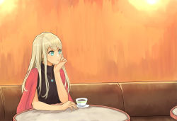 Rule 34 | 1girl, alessandra susu, blonde hair, blue eyes, coffee, coffee cup, cup, disposable cup, jewelry, looking away, necklace, plate, sarada doraivu, sitting, solo, table, tokyo 7th sisters