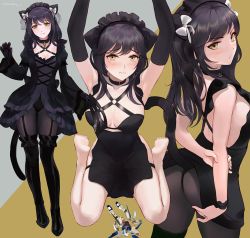 Rule 34 | 1girl, animal ears, arms behind back, arms up, ass, bare shoulders, black gloves, black hair, black pantyhose, blush, bow, breasts, cat ears, cat tail, choker, chowbie, cleavage, closed mouth, collarbone, commentary request, detached sleeves, garter straps, gloves, hair bow, long hair, long sleeves, looking at viewer, looking back, maid, maid headdress, medium breasts, multiple views, original, panties, panties under pantyhose, pantyhose, ribbon, signature, simple background, sitting, tail, thighhighs, underwear, wariza, white bow, wrist cuffs, yellow eyes