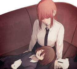 Rule 34 | 2girls, black dress, black necktie, black pants, blush, braid, braided ponytail, breasts, brown hair, chainsaw man, closed eyes, collared dress, collared shirt, commentary, couch, cowboy shot, dog, dress, dress shirt, drooling, eyelashes, hair between eyes, highres, husky, lap pillow, long sleeves, lying, makima (chainsaw man), medium breasts, medium hair, multiple girls, nayuta (chainsaw man), necktie, on back, open mouth, pants, parted lips, red hair, saliva, shirt, shirt tucked in, short hair, sitting, sleeping, time paradox, toukaairab, white shirt, wing collar