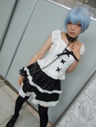 Rule 34 | 1girl, alternate costume, asian, ayanami rei, black footwear, black skirt, black thighhighs, blue hair, breasts, collar, color contacts, cosplay, dutch angle, frilled skirt, frills, goth fashion, indoors, lace, leash, looking at viewer, makeup, mascara, miniskirt, namada, neon genesis evangelion, photo (medium), red eyes, short hair, skirt, small breasts, solo, standing, thighhighs