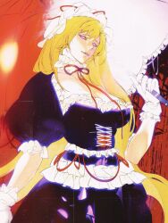 Rule 34 | 1girl, blonde hair, breasts, cleavage, collar, corset, dress, frilled bonnet, frilled collar, frilled dress, frilled gloves, frills, gloves, glowing, glowing eyes, hair between eyes, highres, holding, holding umbrella, jian tai (cuoyu0), large breasts, lips, looking at viewer, mole, mole under mouth, neck ribbon, official alternate costume, parted lips, puffy short sleeves, puffy sleeves, purple eyes, red background, red ribbon, ribbon, short sleeves, solo, touhou, umbrella, white gloves, yakumo yukari