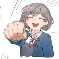 Rule 34 | 1girl, blue jacket, closed eyes, collared shirt, commentary, cropped torso, dress, emphasis lines, facing viewer, grey dress, grey hair, incoming attack, jacket, love live!, love live! superstar!!, meme, multicolored hair, neck ribbon, open clothes, open jacket, open mouth, pink hair, pov, punching, red ribbon, ribbon, school uniform, shirt, short hair, solo, streaked hair, symbol-only commentary, tang keke, white background, white shirt, winter uniform, yuigaoka school uniform, yumi xsh