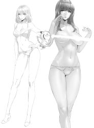 Rule 34 | 2girls, bird, bow, bow bra, bow panties, bra, breasts, censored, censored nipples, cleavage, contrapposto, damegane, greyscale, hand on own hip, high heels, highres, large breasts, mole, mole under eye, monochrome, multiple girls, navel, novelty censor, original, panties, parted lips, smile, standing, topless, underwear, underwear only
