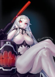 Rule 34 | 10s, 1girl, abyssal ship, airfield princess, artist name, ass, breasts, from below, horns, huge breasts, kantai collection, crossed legs, long hair, looking at viewer, pale skin, red eyes, sitting, smile, solo, thighs, very long hair, white hair, yonezawa mao