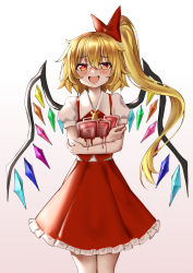 Rule 34 | absurdres, ailu elf, ascot, blonde hair, blood, blood bag, blouse, collared shirt, crystal, fang, flandre scarlet, frilled skirt, frills, heart, heart-shaped pupils, highres, holding, layered sleeves, long hair, long sleeves, looking at viewer, no headwear, open mouth, orange eyes, red skirt, red vest, shirt, short over long sleeves, short sleeves, side ponytail, skirt, symbol-shaped pupils, touhou, very long hair, vest, white background, white shirt, wings, yellow ascot