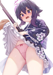 Rule 34 | 1girl, blue archive, blush, breasts, clothes lift, floral print, flower, frilled kimono, frilled sash, frills, gun, hair flower, hair ornament, hairband, halo, haruka (blue archive), haruka (new year) (blue archive), highres, holding, holding gun, holding weapon, japanese clothes, kimono, kimono skirt, long sleeves, looking at viewer, milkshakework, obi, official alternate costume, open mouth, panties, pink panties, print kimono, purple eyes, purple flower, purple hair, purple hairband, purple kimono, rifle, sash, small breasts, solo focus, thighs, underwear, weapon, wide sleeves