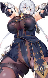 Rule 34 | 1girl, armpits, arms up, atelier (series), atelier ryza, atelier ryza 1, bare shoulders, blue eyes, blush, bodysuit, breasts, cleavage, crossed bangs, from below, hair ornament, hairclip, heterochromia, highres, large breasts, lila decyrus, long hair, looking at viewer, low twintails, marushin (denwa0214), pale skin, purple eyes, silver hair, simple background, skindentation, solo, thighs, twintails, very long hair, white background