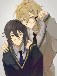 2boys :d adjusting_eyewear alternate_costume arm_around_shoulder bangs_pinned_back bespectacled black-framed_eyewear black_hair black_necktie blonde_hair blue_necktie blue_sweater brown_sweater closed_mouth collared_shirt double-parted_bangs ensemble_stars! glasses grey_background grin hair_between_eyes hair_intakes hair_ornament hairclip hakaze_kaoru hand_in_own_hair hand_on_another&#039;s_shoulder highres kanzaki_souma kaoso long_hair looking_at_viewer multiple_boys necktie open_mouth ponytail purple_eyes round_eyewear shirt sidelocks smile sweater upper_body v-shaped_eyebrows white_shirt wing_collar yellow_eyes