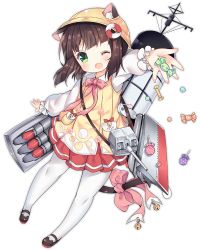 Rule 34 | 1girl, ;d, animal ears, azur lane, bell, black footwear, blunt bangs, blush, bow, bowtie, brown hair, bucket hat, candy, cat ears, cat tail, cherry blossoms, eyebrows, fang, flower, food, full body, green eyes, hat, jingle bell, legs apart, lollipop, long sleeves, mary janes, miniskirt, mutsuki (azur lane), mutsuki (retrofit) (azur lane), no nose, official art, one eye closed, open mouth, outstretched arm, pantyhose, paw print, pink bow, pink bowtie, pleated skirt, red skirt, remodel (azur lane), shoes, short hair, skirt, smile, solo, star (symbol), tachi-e, tail, tail bow, tail ornament, tongue, torpedo, torpedo tubes, transparent background, tsukimi (xiaohuasan), turret, white pantyhose, yellow hat